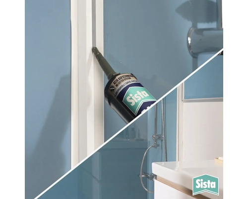 Anwendung von Sista Fugendichtstoff an einer Wandfuge im Badezimmer mit Waschbecken und Dusche. Sista Logo.