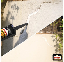 Pattex Montagekleber füllt einen Riss in einer verputzten Außenwand, Vorher-Nachher-Vergleich. Pattex Logo.