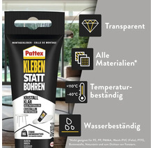 Pattex Logo, Montagekleber Kleben statt Bohren Kristallklar, transparent, für alle Materialien, temperaturbeständig, wasserbeständig, starke Haftung.