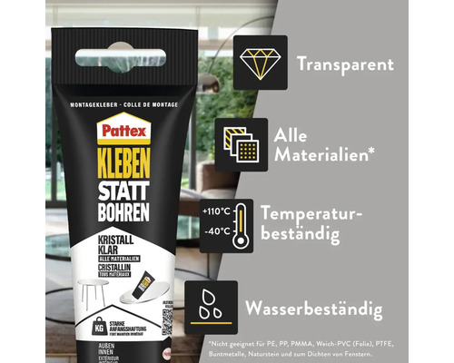 Pattex Logo, Montagekleber Kleben statt Bohren Kristallklar, transparent, für alle Materialien, temperaturbeständig, wasserbeständig, starke Haftung.