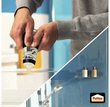 Pattex Kristall Klar Universalkleber wird auf Glas zur Befestigung einer Duschablage aufgetragen. Pattex Logo.