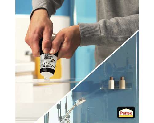 Pattex Kristall Klar Universalkleber wird auf Glas zur Befestigung einer Duschablage aufgetragen. Pattex Logo.