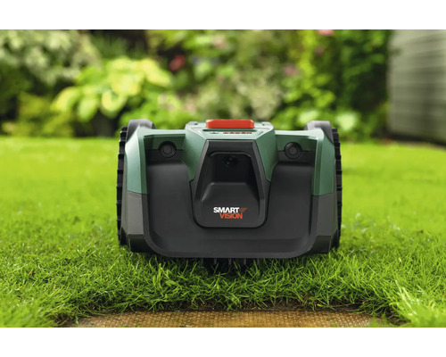 Moderner Bosch Mähroboter mit Smart Vision Technologie auf einer Rasenfläche in einem hellen Garten.