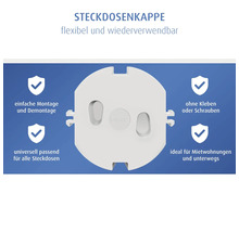 Flexible, wiederverwendbare Steckdosenkappe von reer für alle Steckdosen, einfache Montage ohne Kleben oder Schrauben. reer Logo.