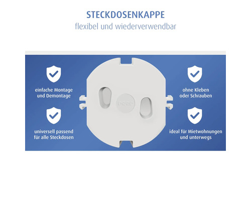 Flexible, wiederverwendbare Steckdosenkappe von reer für alle Steckdosen, einfache Montage ohne Kleben oder Schrauben. reer Logo.