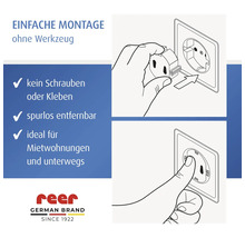 Grafik zur werkzeuglosen Montage eines reer Steckdosenschutzes: kein Schrauben oder Kleben, spurlos entfernbar. reer Logo.