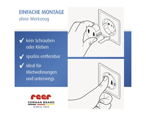 Grafik zur werkzeuglosen Montage eines reer Steckdosenschutzes: kein Schrauben oder Kleben, spurlos entfernbar. reer Logo.