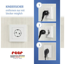 Kindersicherung für Steckdosen mit einer Anleitung zur Entfernung mittels Stecker in drei Schritten sowie das Reer Logo.
