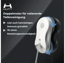 HUTT Logo. Fensterreinigungsroboter mit Doppelmotor für rotierende Tiefenreinigung und 70 Umdrehungen pro Minute Rotationsgeschwindigkeit.