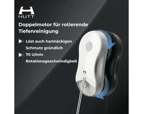 HUTT Logo. Fensterreinigungsroboter mit Doppelmotor für rotierende Tiefenreinigung und 70 Umdrehungen pro Minute Rotationsgeschwindigkeit.