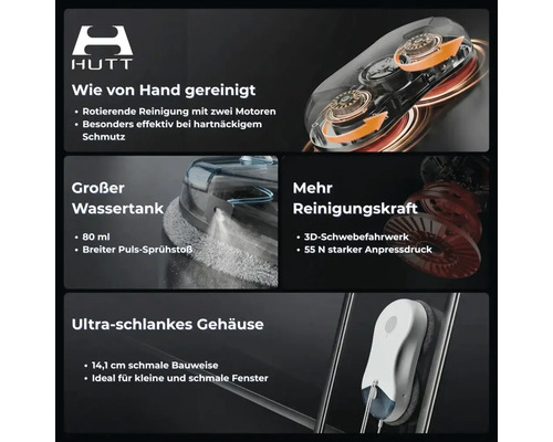 HUTT Logo. Infografik zum Fensterreinigungsroboter mit rotierenden Motoren, 80 Milliliter Wassertank, Sprühfunktion und 14,1 Zentimeter Gehäuse.