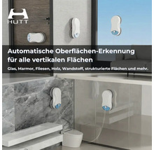 HUTT Fensterreinigungsroboter auf Glas, Holz und Marmor mit automatischer Oberflächenerkennung. HUTT Logo.