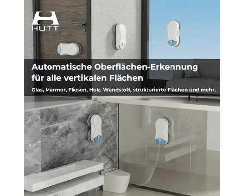 HUTT Fensterreinigungsroboter auf Glas, Holz und Marmor mit automatischer Oberflächenerkennung. HUTT Logo.