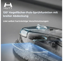 HUTT Fensterreinigungsroboter mit 120 Grad Kegelfächer-Sprühfunktion für breite Abdeckung und effektive Reinigung.