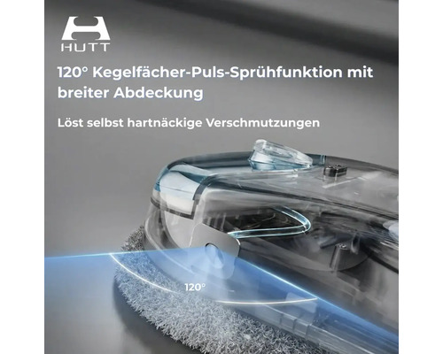 HUTT Fensterreinigungsroboter mit 120 Grad Kegelfächer-Sprühfunktion für breite Abdeckung und effektive Reinigung.