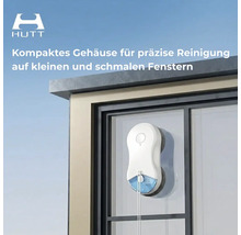 HUTT Logo. Kompakter Fensterreinigungsroboter reinigt ein schmales Fenster.