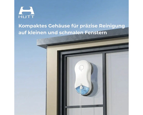 HUTT Logo. Kompakter Fensterreinigungsroboter reinigt ein schmales Fenster.