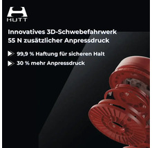 HUTT Logo, 3D-Schwebefahrwerk mit 55 Newton Anpressdruck, 99,9 Prozent Haftung für sicheren Halt und 30 Prozent mehr Anpressdruck.