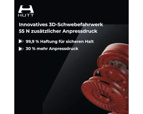 HUTT Logo, 3D-Schwebefahrwerk mit 55 Newton Anpressdruck, 99,9 Prozent Haftung für sicheren Halt und 30 Prozent mehr Anpressdruck.