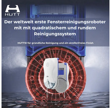 HUTT Logo. HUTT10 Fensterreinigungsroboter mit kombiniertem quadratischem und rundem Reinigungssystem für gründliche Glasreinigung.