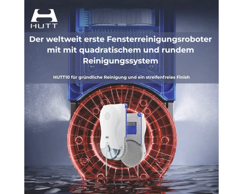 HUTT Logo. HUTT10 Fensterreinigungsroboter mit kombiniertem quadratischem und rundem Reinigungssystem für gründliche Glasreinigung.