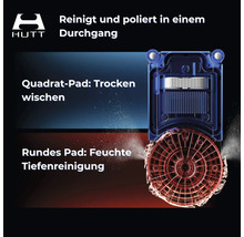 Fensterreinigungsroboter von HUTT mit quadratischem Pad zum Trockenwischen und rundem Pad für feuchte Tiefenreinigung. HUTT Logo.