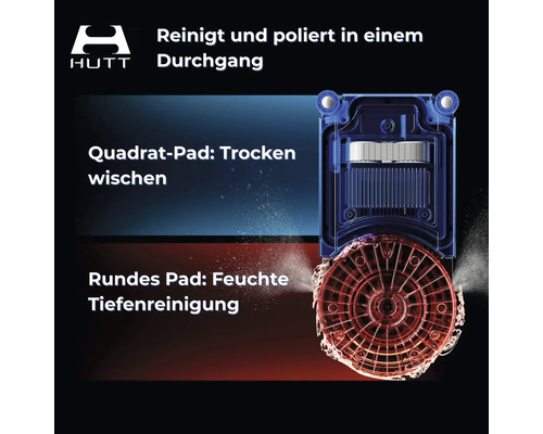 Fensterreinigungsroboter von HUTT mit quadratischem Pad zum Trockenwischen und rundem Pad für feuchte Tiefenreinigung. HUTT Logo.