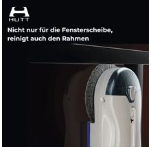 HUTT Fensterreinigungsroboter reinigt sowohl die Fensterscheibe als auch den Rahmen. HUTT Logo.