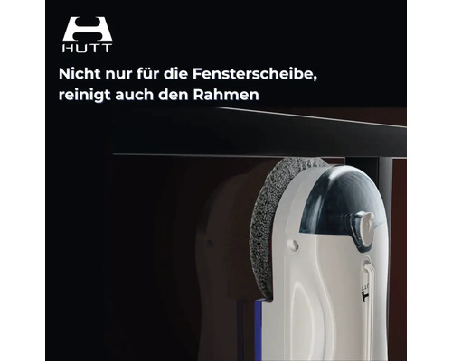 HUTT Fensterreinigungsroboter reinigt sowohl die Fensterscheibe als auch den Rahmen. HUTT Logo.