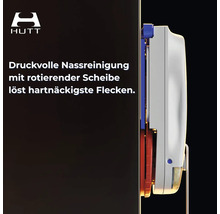 HUTT Logo. Fensterreinigungsroboter in Seitenansicht bei der Nassreinigung mit rotierender Scheibe auf einer Glasscheibe.