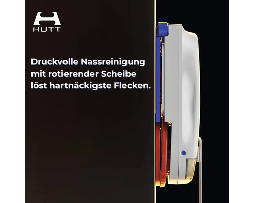 HUTT Logo. Fensterreinigungsroboter in Seitenansicht bei der Nassreinigung mit rotierender Scheibe auf einer Glasscheibe.