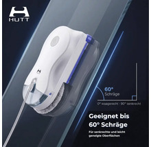HUTT Logo. Fensterreinigungsroboter auf Glasfläche mit bis zu 60 Grad Neigung. Geeignet für senkrechte Oberflächen.