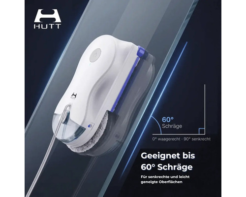 HUTT Logo. Fensterreinigungsroboter auf Glasfläche mit bis zu 60 Grad Neigung. Geeignet für senkrechte Oberflächen.