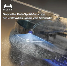 Hutt Logo. Fensterreinigungsroboter mit doppelter Puls-Sprühfunktion und einem Sprühwinkel von 120 Grad.