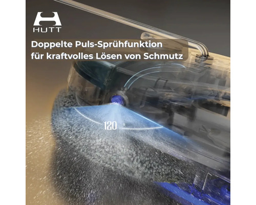 Hutt Logo. Fensterreinigungsroboter mit doppelter Puls-Sprühfunktion und einem Sprühwinkel von 120 Grad.