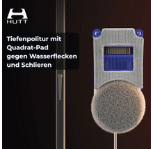 HUTT Logo. HUTT Fensterreinigungsroboter Unterseite mit Quadrat-Pad für Tiefenpolitur gegen Wasserflecken und Schlieren.