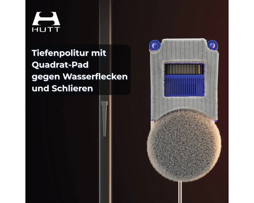HUTT Logo. HUTT Fensterreinigungsroboter Unterseite mit Quadrat-Pad für Tiefenpolitur gegen Wasserflecken und Schlieren.