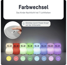 Kinder-Nachtlicht in Eulenform mit verschiedenen Lichtfarben, dimmbar über einen Knopf an der Unterseite.
