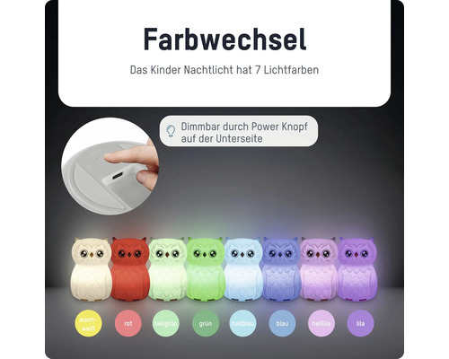 Kinder-Nachtlicht in Eulenform mit verschiedenen Lichtfarben, dimmbar über einen Knopf an der Unterseite.