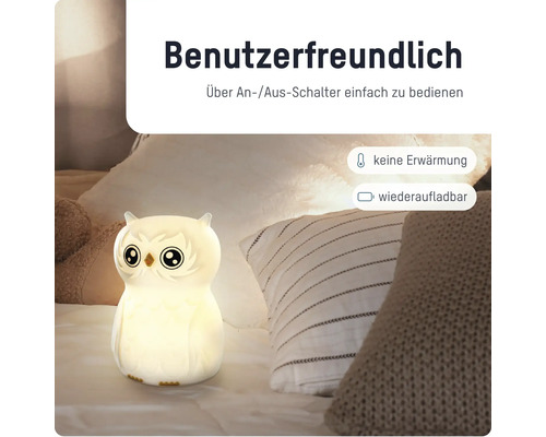 LED Nachtlicht in Eulenform auf einem Bett, wiederaufladbar und ohne Erwärmung, mit einfachem Ein-Aus-Schalter.