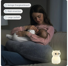 Eulen-Nachtlicht neben einer stillenden Mutter auf einem Sofa, geringer Energieverbrauch, mobil einsetzbar und lange Laufzeit.