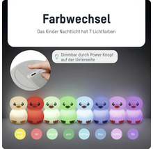 Kinder-Nachtlicht in Vogelform mit 7 Lichtfarben und Dimmfunktion über einen Knopf an der Unterseite.