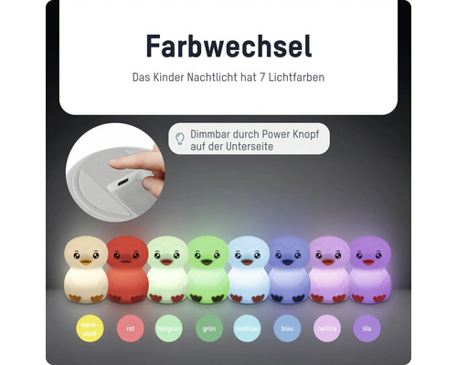 Kinder-Nachtlicht in Vogelform mit 7 Lichtfarben und Dimmfunktion über einen Knopf an der Unterseite.