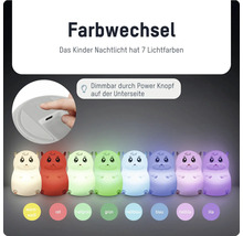 Kinder-Nachtlicht in Hamsterform mit sieben Lichtfarben, dimmbar durch einen Knopf auf der Unterseite.