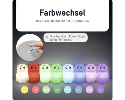 Kinder-Nachtlicht in Hamsterform mit sieben Lichtfarben, dimmbar durch einen Knopf auf der Unterseite.