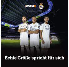 WORX Logo, Real Madrid Logo, Offizieller Globaler Partner, drei Fußballspieler im Stadion, Echte Größe spricht für sich.
