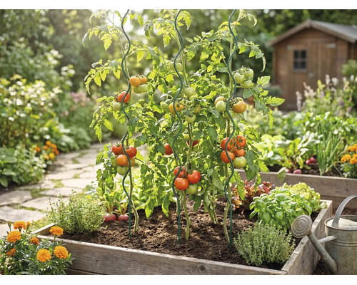 Tomatenpflanzen in einem hölzernen Hochbeet, gestützt durch spiralförmige Rankstäbe aus Metall, umgeben von Kräutern in einer hellen Gartenanlage.