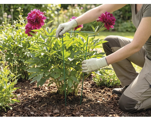 Eine Person installiert eine runde Staudenstütze aus Metall um eine blühende Pfingstrose im Gartenbeet mit Rindenmulch.