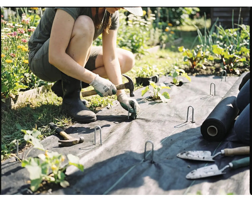 Eine Person verlegt Unkrautvlies im Garten und befestigt es mit Erdankern und einem Hammer.