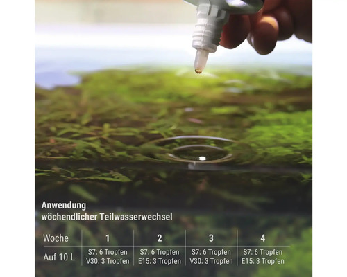 Anwendung von Aquarium-Pflanzendünger per Tropfen mit Dosierungstabelle für den wöchentlichen Teilwasserwechsel pro 10 Liter.